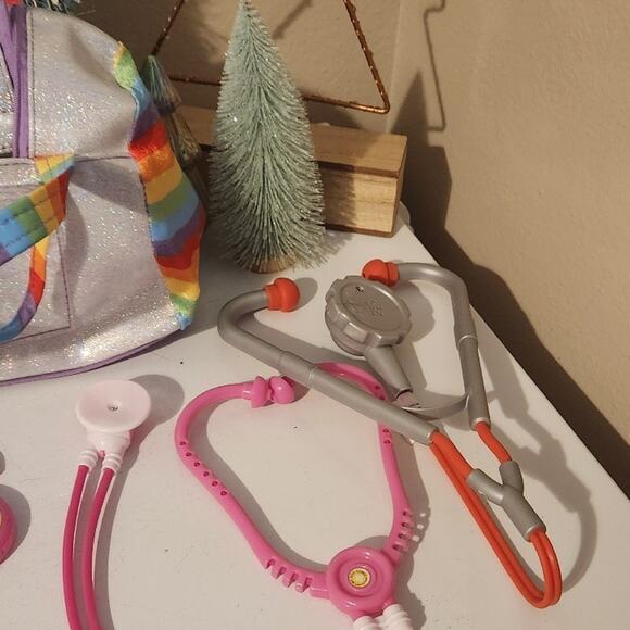 Dr doctor kit gently used in fun rainbow glitter bag  2 stethoscopes & tools - Picture 3 of 8